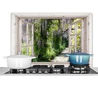 KitchenYeah© Pannello Paraschizzi Cucina Alluminio 80x55 cm Para Schizzi per Piano Cottura Parete Cucine Glicine - Fiori - Trasparente - Albero - Primavera