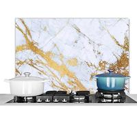 KitchenYeah© Pannello Paraschizzi Cucina Alluminio 90x60 cm para Schizzi per Piano Cottura Parete Cucine Marmo - Oro - Bianco - Lusso - Aspetto del Marmo - Brillantini