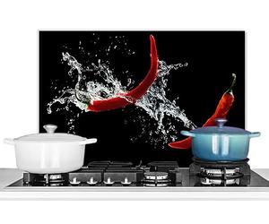 KitchenYeah© Pannello Paraschizzi da Cucina Alluminio 60x40 cm Alzatina Top Decorazioni Pannelli Paraspruzzi Peperoncino - Natura Morta - Acqua - Nero - Rosso