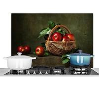 KitchenYeah© Pannello Paraschizzi da Cucina Alluminio 80x55 cm Alzatina Top Decorazioni Pannelli Paraspruzzi Rustico - Mela - Frutta - Rosso - Cestino - Natura Morta