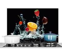 KitchenYeah© Pannello Paraschizzi da Cucina Alluminio 90x60 cm Alzatina Top Decorazioni Pannelli Paraspruzzi Acqua - Frutta - Arancia - Fragola - Ciliegia - Nero