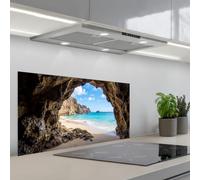 KitchenYeah© Paraschizzi Cucina Adesivo 45x90 cm Pannello Parete Paraspruzzi Pannelli Retro Grotta - Spiaggia - Mare - Blu