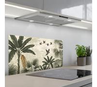 KitchenYeah© Paraschizzi Cucina Adesivo 45x90 cm Pannello Parete Paraspruzzi Pannelli Retro Pappagalli - Giungla - Tropicale - Verde