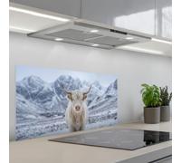 KitchenYeah© Paraschizzi Cucina Adesivo 45x90 cm Pannello Parete per Paraspruzzi Adesivi Muro Highlander Scozzese - Neve - Montagne - Inverno