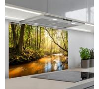 KitchenYeah© Paraschizzi Cucina Adesivo 55x80 cm Pannello Parete Paraspruzzi Lavandino Decorativo Foresta - Ruscello - Luce Solare - Natura - Verde