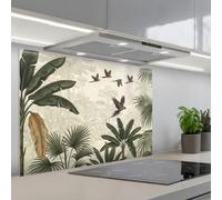 KitchenYeah© Paraschizzi Cucina Adesivo 55x80 cm Pannello Parete Paraspruzzi Pannelli Retro Pappagalli - Giungla - Tropicale - Verde