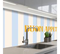 KitchenYeah© Paraschizzi Cucina Adesivo 60x150 cm Pannello Parete Paraspruzzi Pannelli Retro Arancione - Blu - Righe - Buon Appetito