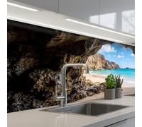 KitchenYeah© Paraschizzi Cucina Adesivo 60x150 cm Pannello Parete Paraspruzzi Pannelli Retro Grotta - Spiaggia - Mare - Blu