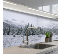 KitchenYeah© Paraschizzi Cucina Adesivo 60x150 cm Pannello Parete Paraspruzzi per Piano Cottura Strada - Montagne - Neve - Foresta di conifere - Avventuroso