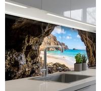 KitchenYeah© Paraschizzi Cucina Adesivo 60x200 cm Pannello Parete Paraspruzzi Pannelli Retro Grotta - Spiaggia - Mare - Blu
