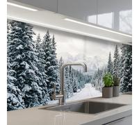 KitchenYeah© Paraschizzi Cucina Adesivo 60x200 cm Pannello Parete Paraspruzzi Pannelli Retro Strada - Neve - Foresta di conifere - Inverno - Avventuroso