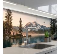 KitchenYeah© Paraschizzi Cucina Adesivo 60x200 cm Pannello Parete Paraspruzzi per Piano Cottura Montagne - Acqua - Alberi