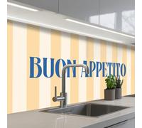 KitchenYeah© Paraschizzi Cucina Adesivo 60x200 cm Pannello Parete per Paraspruzzi Adesivi Muro Blu - Giallo - A Righe - Buon Appetito