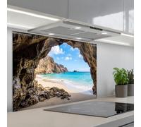 KitchenYeah© Paraschizzi Cucina Adesivo 60x90 cm Pannello Parete Paraspruzzi Pannelli Retro Grotta - Spiaggia - Mare - Blu