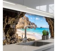 KitchenYeah© Paraschizzi Cucina Adesivo 80x300 cm Pannello Parete Paraspruzzi Pannelli Retro Grotta - Spiaggia - Mare - Blu
