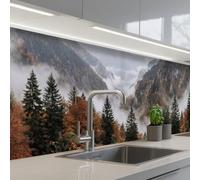 KitchenYeah© Paraschizzi Cucina Adesivo 80x300 cm Pannello Parete Paraspruzzi Pannelli Retro Montagne - Valle - Nebbia - Autunno - Natura