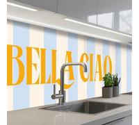 KitchenYeah© Paraschizzi Cucina Adesivo 80x400 cm Pannello Parete Paraspruzzi Pannelli Retro Arancione - Blu - A Strisce - Bella Ciao