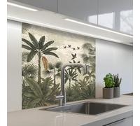 KitchenYeah© Paraschizzi Cucina Adesivo 80x80 cm Pannello Parete Paraspruzzi Pannelli Retro Pappagalli - Giungla - Tropicale - Verde