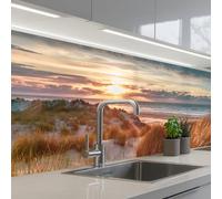 KitchenYeah© Paraschizzi Cucina Adesivo Pannello Parete Paraspruzzi | 60x200 cm - Lavandino Decorativo Dune - Piante - Tramonto - Spiaggia - Mare
