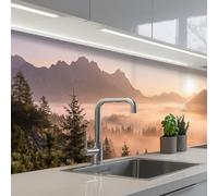 KitchenYeah© Paraschizzi Cucina Adesivo Pannello Parete Paraspruzzi | 60x200 cm - Lavandino Decorativo Luce del sole - Nebbia - Montagne - Alberi