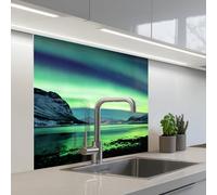 KitchenYeah© Paraschizzi Cucina Adesivo Pannello Parete Paraspruzzi | 80x80 cm - Lavandino Decorativo Aurora boreale - Norvegia - Ghiaccio - Giallo - Montagna - Acqua - Neve