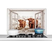 KitchenYeah© Paraschizzi Paraspruzzi per Cucina Lamiera Alluminio 100x65 cm Alzatina Top Decorazioni Cucine Vista Trasparente - Highlander Scozzese - Animali