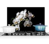 KitchenYeah© Paraschizzi Paraspruzzi per Cucina Lamiera Alluminio 70x50 cm Alzatina Top Decorazioni Cucine Orchidea - Fiori - Bianco - Natura - Nero