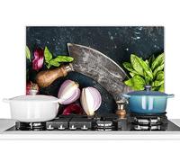 KitchenYeah© Paraschizzi Paraspruzzi per Cucina Lamiera Alluminio 70x50 cm Alzatina Top Decorazioni Cucine Verdura - Erbe - Coltello a Culla - Cipolla - Spezie - Rustico