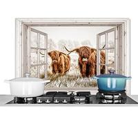 KitchenYeah© Paraschizzi Paraspruzzi per Cucina Lamiera Alluminio Alzatina | 80x55 cm - Top Decorazioni Cucine Vista trasparente - Highlander scozzese - Animali