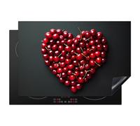 KitchenYeah© Protector Vitroceramica 76x51 cm Tapa para induccion Placa Encimera Cubre de Protectora Cocina Cerezas - Corazón - Rojo - Negro - Regalo de San Valentín