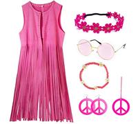 KitChocoLot Hippie, set di costumi da donna, 7 pezzi, abbigliamento hippie anni '60, gilet con frange, per carnevale, rosa vintage