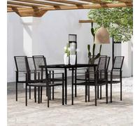 kithwjll Set da pranzo da giardino nero da 7 pezzi con tavolo e sei sedie in acciaio verniciato a polvere e rattan cavo in PVC resistente all'acqua per mangiare comodamente e rilassarsi all'aperto