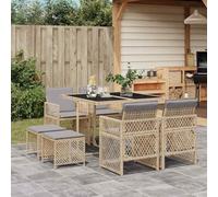 kithwjll Set di mobili da giardino da 9 pezzi con seduta e cuscini beige, in polyrattan, per terrazza, balcone e giardino, set da pranzo con tavolo, sedie, sgabelli e imbottiture, resistente alle