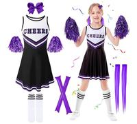 Kitimi Costume da cheerleader per bambini e ragazze, costume da cheerleadering, vestito uniforme con pompon, calze per capelli, per carnevale, feste, cosplay