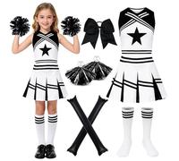 Kitimi Costume da cheerleader per bambini, senza maniche, da cheerleading, con vestito, con pompon e calze, costume da cheerleader, per carnevale, Halloween, costume sportivo per bambini