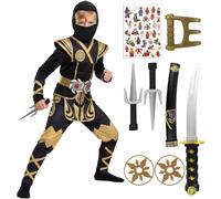 Kitimi Costume da Ninja,Ninja Halloween Costume con accessori, Halloween da Ninja per Bambini Feste a Tema Cosplay Natale Carnevale Festa Regalo di Compleanno Verde D'oro