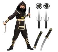 Kitimi Costume da ninja per bambini, nero, oro, 14 pezzi, costume da carnevale ninja per bambini, set con accessori ninja, spada in plastica, costume da ninja samurai per ragazzi e ragazze, cosplay,