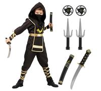 Kitimi Costume da ninja per bambini, nero, oro, 14 pezzi, costume da carnevale ninja per bambini, set con accessori ninja, spada in plastica, costume da ninja samurai per ragazzi e ragazze, cosplay,