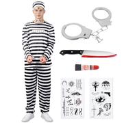 Kitimi Costume da prigioniero da uomo bianco e nero con camicia, pantaloni, cappello a righe Jail Break Prison Uniforme con manette Criminale Costume Dress Up Outfit Adulto Mens Fancy Dress Up Dress