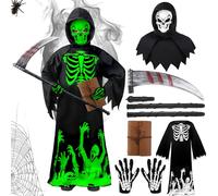 Kitimi Costume di Halloween per bambini, 5 pezzi, per ragazzi e ragazze, costume di Halloween che si illumina al buio, con guanti luminosi e taccuino, per feste, travestimenti, cosplay (5-14 anni)