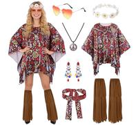 Kitimi Costume hippie da donna, 7 pezzi, costume da carnevale da donna, anni '60, con poncho hippie sulle gambe, fascia per occhiali da sole, abbigliamento per carnevale, discoteca, cosplay, feste a