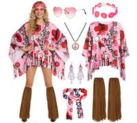 Kitimi Costume hippie da donna, 7 pezzi, costume da carnevale da donna, anni '60, con poncho hippie sulle gambe, fascia per occhiali da sole, abbigliamento per carnevale, discoteca, cosplay, feste a