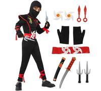 Kitimi Costume ninja per bambini ragazzi, nero rosso set di ninja costume con freccette guanti pugnali spada corta ninja Cosplay set per Halloween festa di Kung Fu Carnevale Natale partito