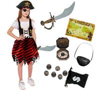 Kitimi Costume Pirata Bambina Vestito Pirata Bambino con Accessori Pirata Cappello Pirata Benda Pirata Borsa Orecchino Pirata Costumi di Carnevale Kids per Feste e Cosplay Costume Halloween Party Show