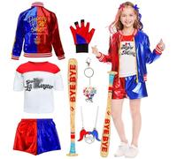 Kitimi Costume Quin Bambini Bambina- Squad Cosplay Outfits Ragazze Costume da pagliaccio con giacca, t-shirt, pantaloncini, guanti, portachiavi, Quin Cosplay Joker per Halloween, carnevale, Natale
