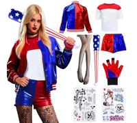 Kitimi Costume Suicide per adulti, Harle Quin, costume da Joker con mazza da baseball, tatuaggio, giacca joker, maglietta, guanto, calze a rete, per carnevale, Halloween, cosplay, feste, Colore: rosso