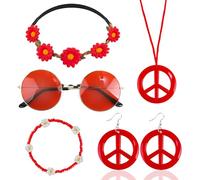 Kitimi Set accessori hippie da donna, accessori anni '60 e '70, accessori Flower Power Include orecchini hippie da donna, collana Peace, fascia per capelli hippie