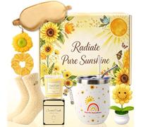 Kitimi Set regalo a tema girasole per donne, include bicchiere in acciaio inossidabile da 350 ml con cannuccia e pennello, borsa cosmetica, portachiavi, segnalibro, set regalo con girasole per