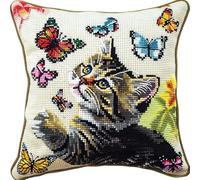 Kitphoenix Cuscino Punto Croce Gatto Kit da Ricamare Prestampato 40x40cm Set per Cuscino Punto Croce Fai da te con Ago da Ricamo e Filo da Ricamo
