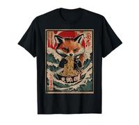Kitsune Fox Mangiare Ramen Noodles Onda Giapponese Ukiyo-e Maglietta